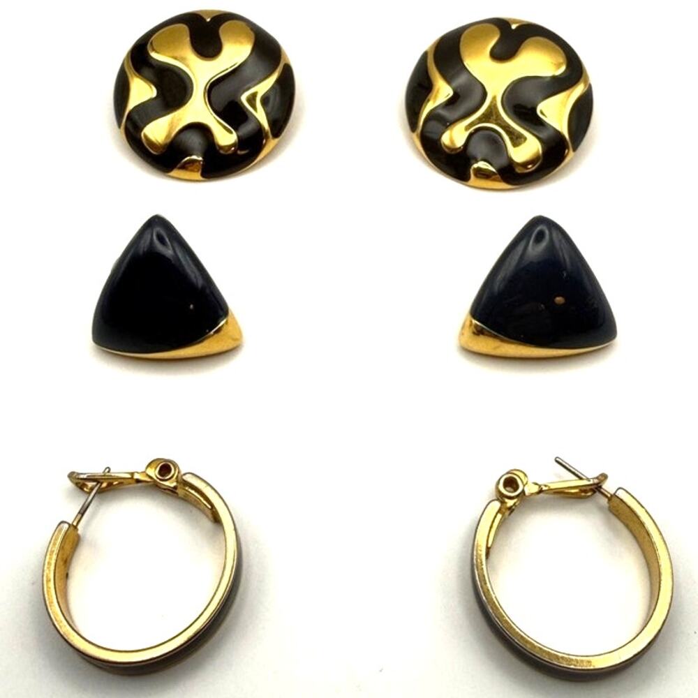 Lot of 3 Vtg MONET Earrings Gold Tone Black Enamel Hoop Triangle Pierced Clip On